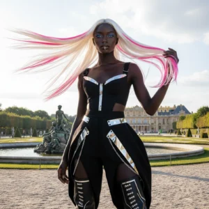 Modella AI con pelle scura in outfit nero futuristico con capelli bianchi/rosa al vento, giardini di Versailles