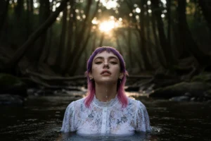 Modella a mezzo busto che emerge dall'acqua, occhi chiusi, abito bianco bagnato