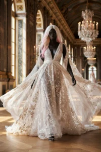 Modella AI in abito da sposa ricamato oro attraversa una sala della reggia, capelli bianchi/rosa