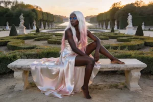 Modella AI con pelle scura e capelli bianchi/rosa seduta su panchina in pietra in giardino barocco, abito in raso rosa