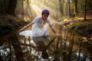 Modella inginocchiata nel ruscello autunnale che sfiora l'acqua, raggi di sole attraverso gli alberi