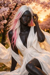 Modella AI in abito bianco fluttuante appoggiata a ciliegio in fiore, tramonto dorato e rosa