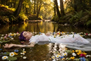 Modella con capelli viola sdraiata nel ruscello circondata da fiori colorati galleggianti