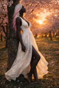 Ritratto AI ravvicinato di modella con capelli rosa/bianchi, bokeh floreale di ciliegi sullo sfondo
