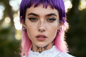 Ritratto ravvicinato con tatuaggio al collo, piercing multipli, capelli viola e rosa