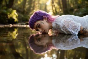 Modella con capelli viola sdraiata con il viso vicinissimo all'acqua, riflesso perfetto