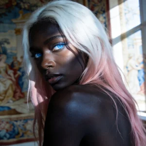 Ritratto AI di modella che guarda oltre la spalla, sfondo con arazzo antico, capelli bianchi/rosa
