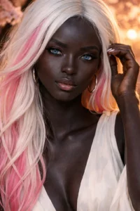 Primo piano AI di modella con capelli rosa e bianchi, sfondo ciliegi in fiore, occhi azzurri
