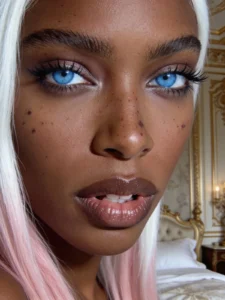 Primo piano AI di modella con pelle scura, occhi azzurri intensi, capelli bianchi/rosa, camera barocca