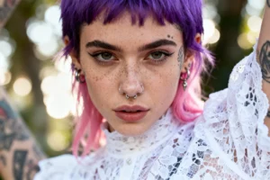Primo piano modella con piercing al naso, tatuaggio sul viso, capelli viola e rosa, abito in pizzo
