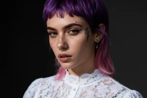Ritratto in studio su sfondo scuro, capelli viola e rosa, tatuaggio sul viso, piercing