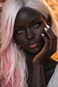 Primo piano AI di modella tra fiori di ciliegio in fiore, occhi azzurri vividi, capelli bianchi/rosa