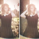 Dittico di modella bionda con le mani tra i capelli vicino a un albero, due pose, fotografia fashion