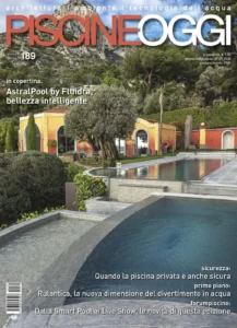 Copertina della rivista Piscine Oggi numero 189 con fotografia di piscina di lusso in parco con rocce