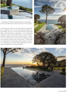 Pagina di Piscine Oggi con fotografia di infinity pool a piu livelli al tramonto, vista mare