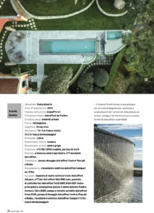 Pagina di Piscine Oggi con vista aerea drone di piscina di lusso e scheda tecnica a lato