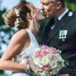 Sposa con bouquet rosa e sposo in uniforme Carabinieri con medaglie si baciano | Fabio Zenoardo