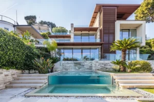 Villa di lusso con piscina a bordi trasparenti, giardino tropicale e facciata in legno e pietra, Liguria