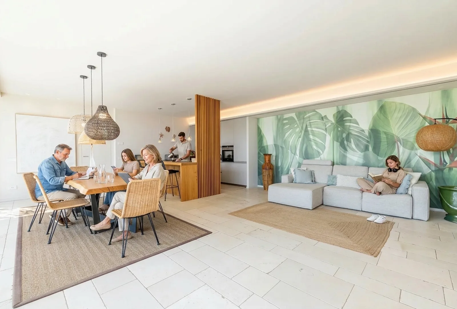 Open space living con zona pranzo e soggiorno, rendering AI con famiglia in atmosfera domestica quotidiana
