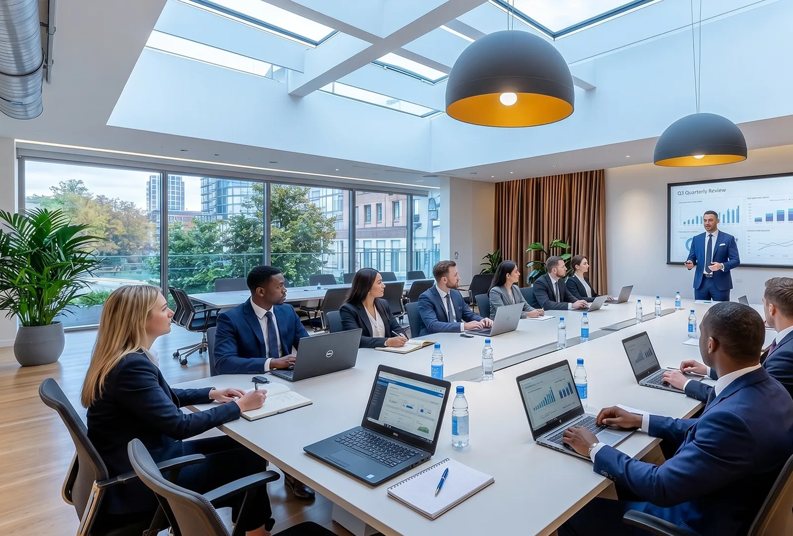 Sala riunioni moderna con persone in riunione, rendering AI con tavolo conference, schermi e luce naturale